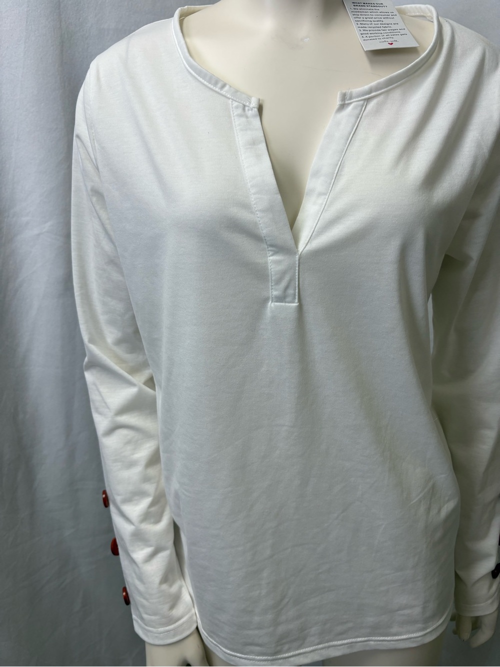 Made With Love White Long Sleeve V-Neck Blouse Henley Top Size M NWT